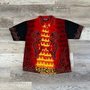Vintage Silver Point Dragon Flame Shirt Red Yellow Print Button Down Y2K Grunge